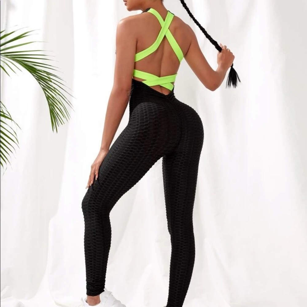 SHEIN NEON GREEN YELLOW BLACK BODYSUIT activewear jumpsuit *read description